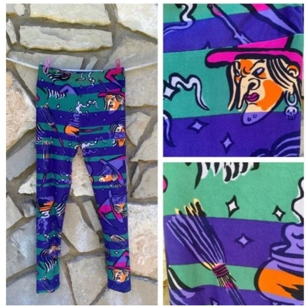 Lularoe Halloween Leggings OS Witch Broom Multicolor Womens One Size